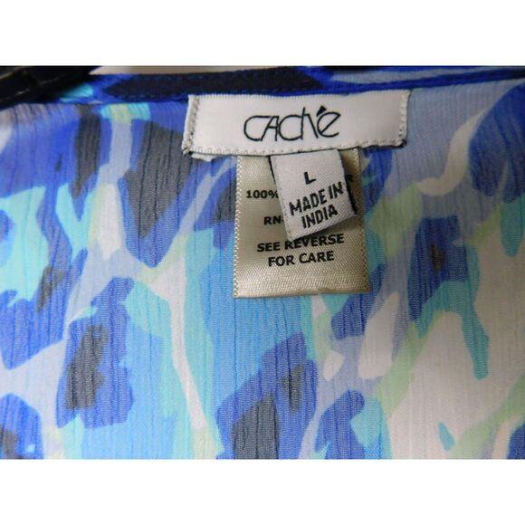 Cache Woman's Beaded Sheer Peasant Top Blue Abstract Leopard Print Sz. L Boho - Picture 4 of 8